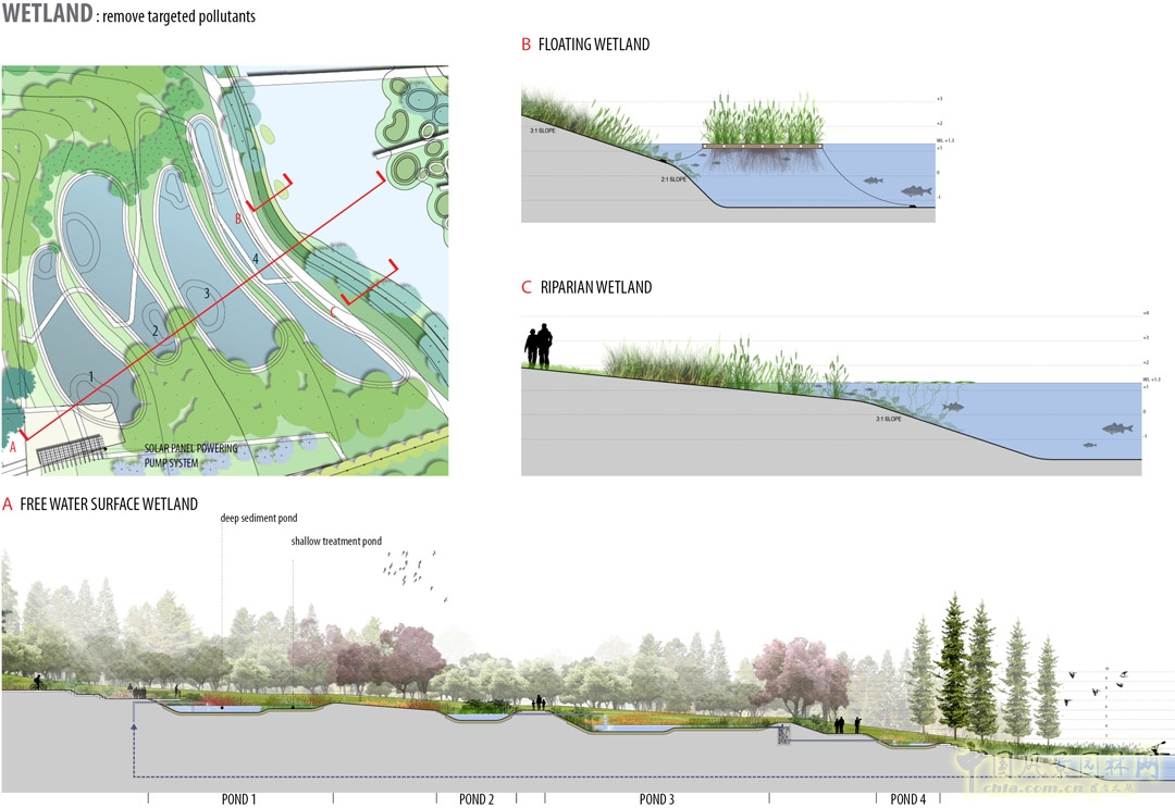 雨水徑流經過集中收集、處理后排入主水道。